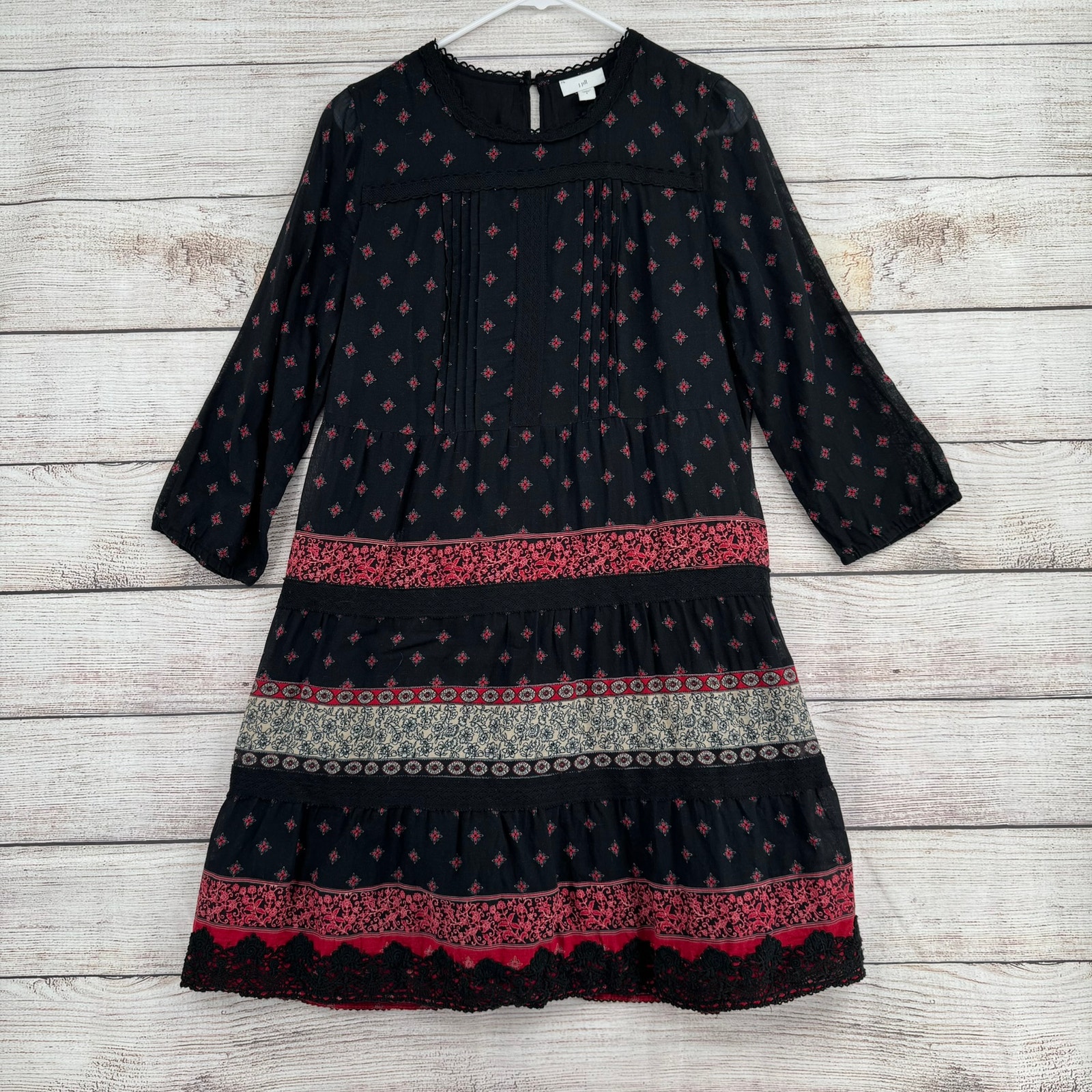 J. Jill Tiered Floral 3/4 Sleeve Dress Womens Small Black Red Beige Ribbon Neck